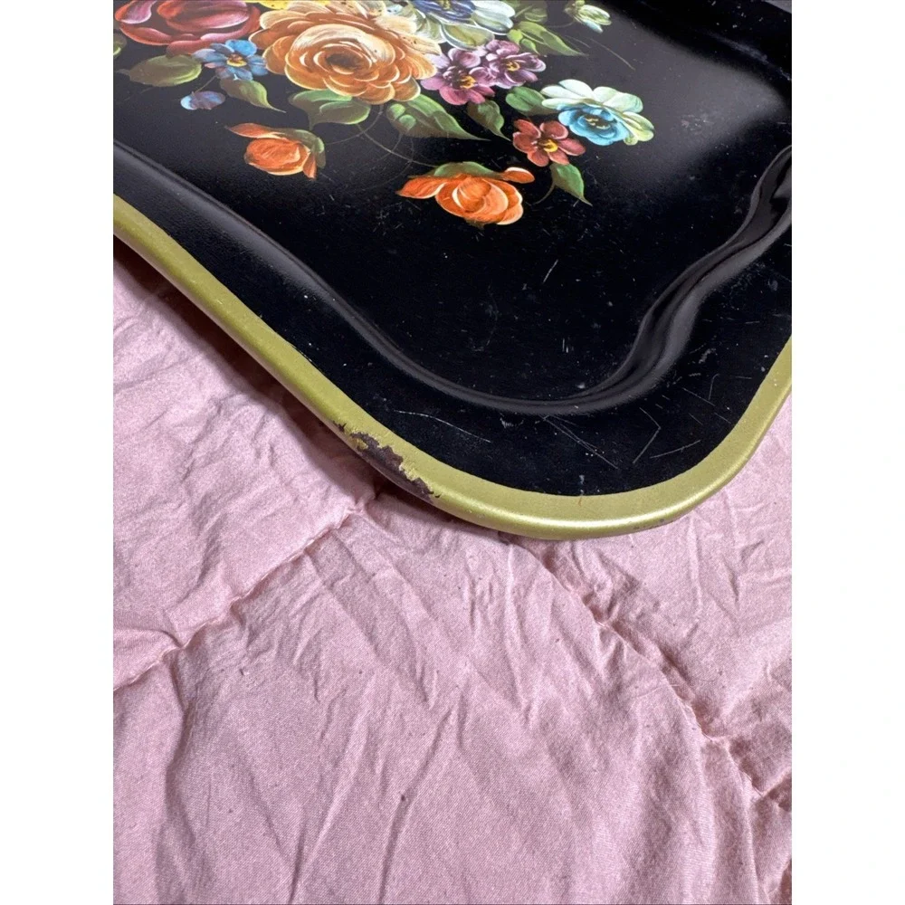 Vintage Black Metal Tray Colorful Roses Floral Table Sitter Or Mount To Wall